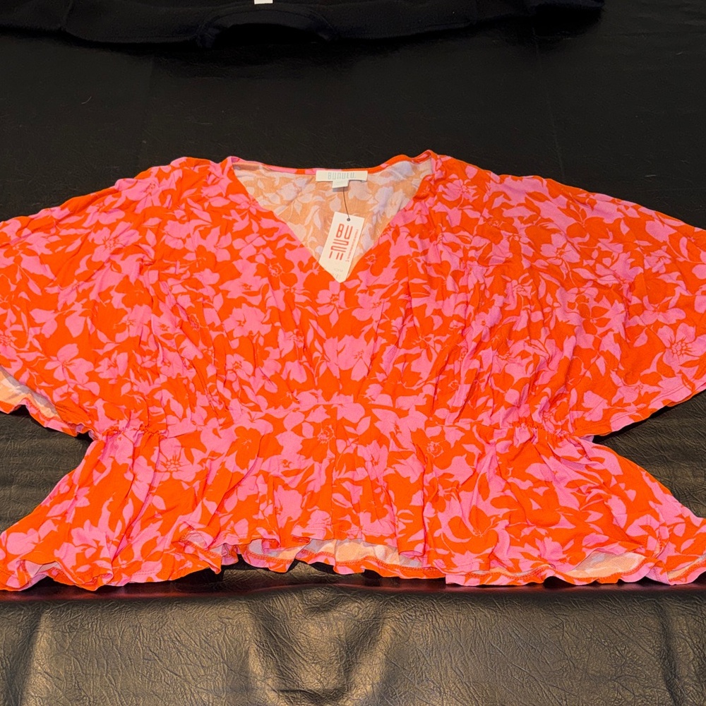 Bunulu Orange and Pink Floral Blouse, size XL